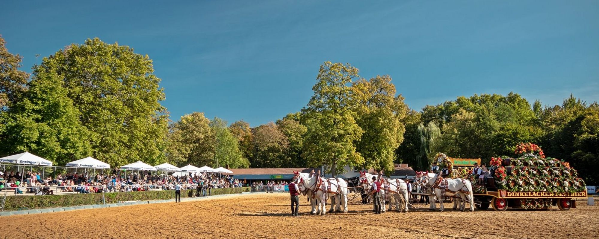 Ein Pferdegespannt mit einem Bierwagen steht vor der Tribüne des Reitstadions